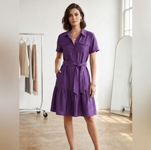 Linea By Louis Dell’Olio S Purple Short Sleeves Button Down Dress Pockets & Belt